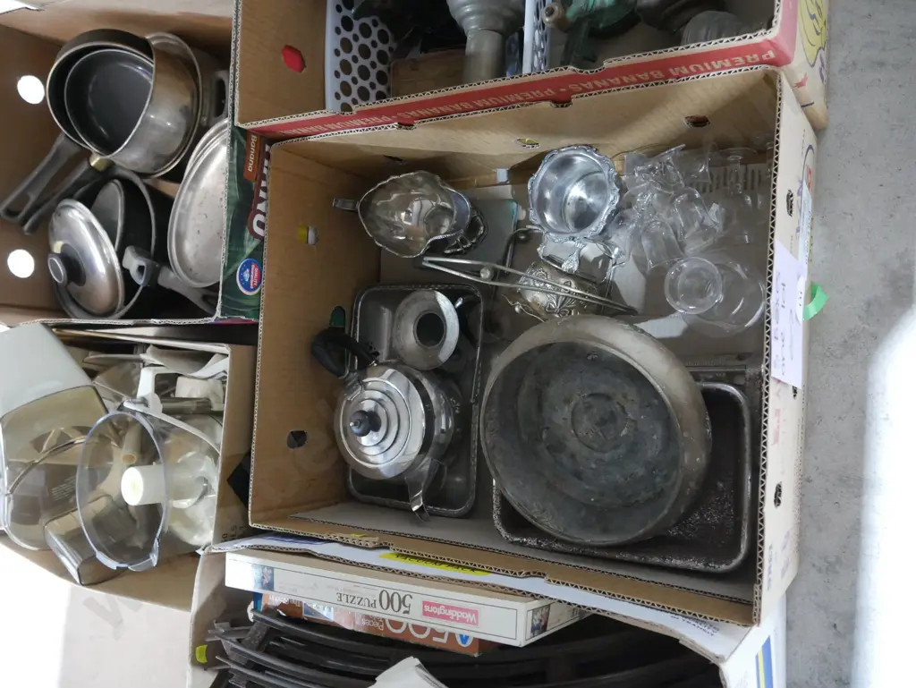 Three boxes of EP ware, train track, books etc Image 1++