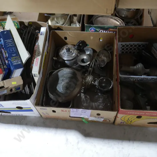 Three boxes of EP ware, train track, books etc