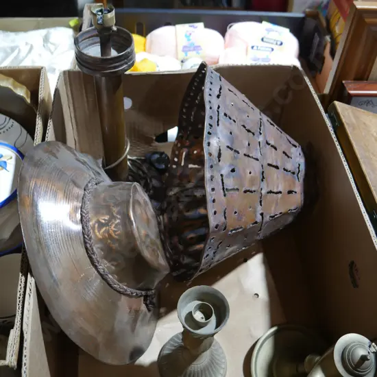 Copper lamp and shade, copper hat, brassware