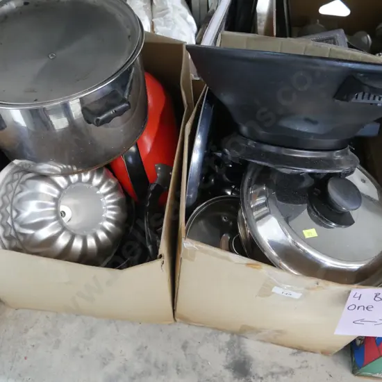 4 boxes pots and pans, food processor