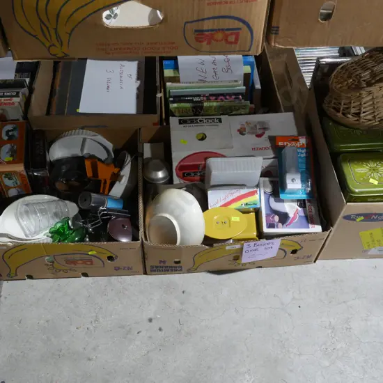 Three boxes of kitchen ware etc