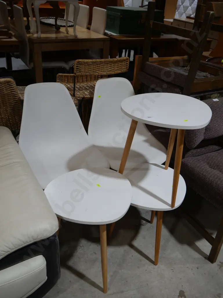 3 white side tables and 2 chairs Image 1++
