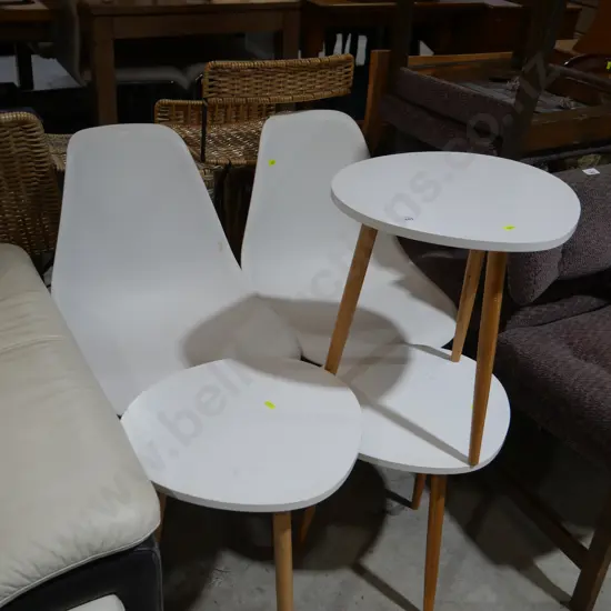 3 white side tables and 2 chairs
