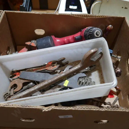 Battery drill , spanners ,vice