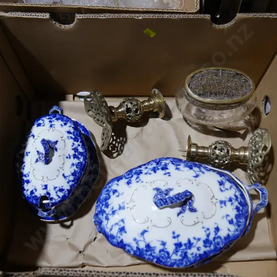Blue & white china, brass candle sticks etc