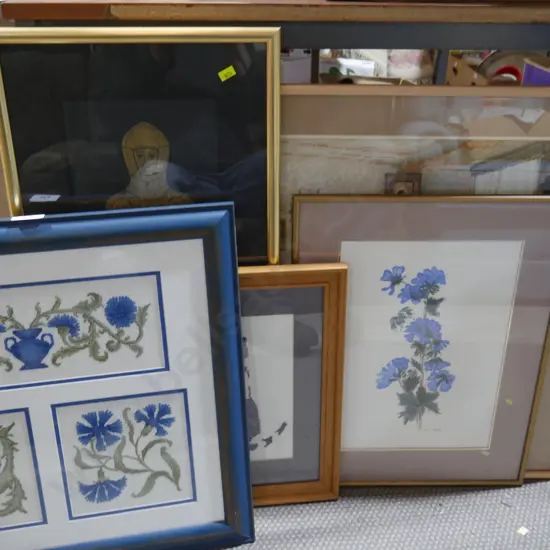 Framed tapestries, prints