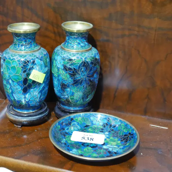 2 Cloisonne vases and dish
