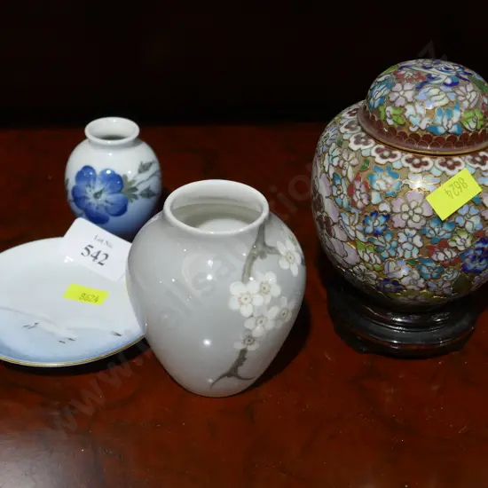 3 x Royal Copenhagen pieces, cloisonne pot