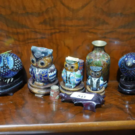 Cloisonne owls, birds etc