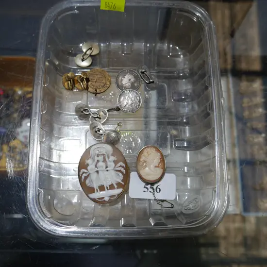 Cameo brooches, coins etc