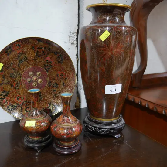 Cloisonne plate and vases
