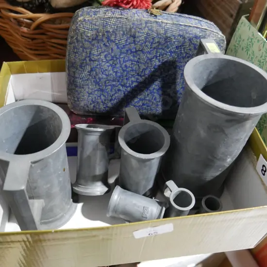 Pewter measuring cups etc