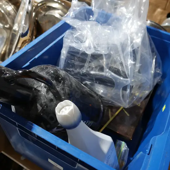 Retro wall clock, bottles etc