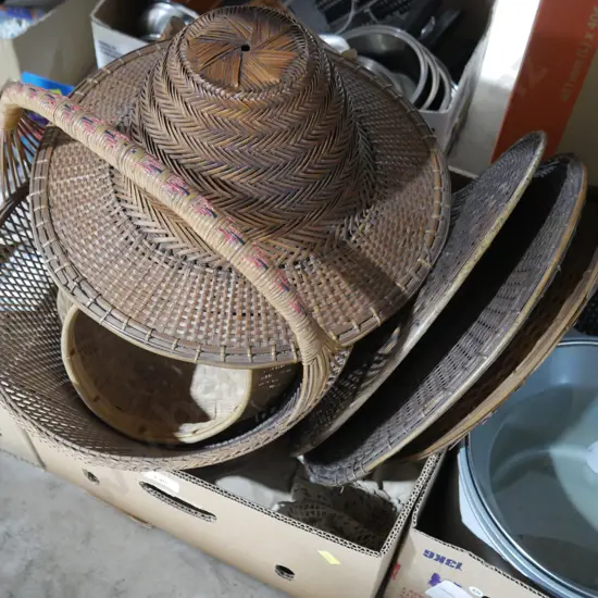 Cane basket, hats etc