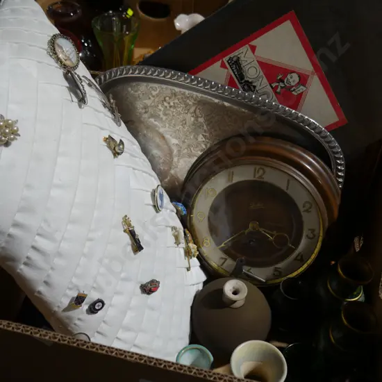 cloisonné vases, costume brooches, clock etc