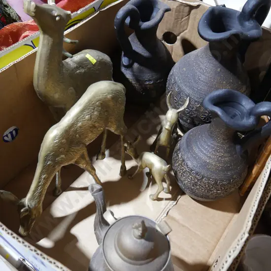 Brass deer figures, 3 jugs etc