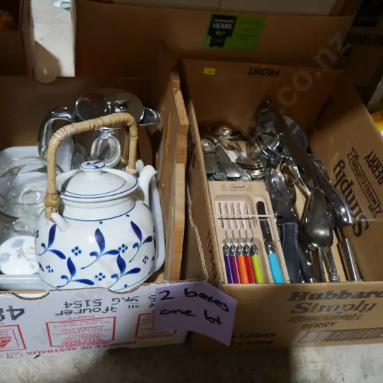 Two boxes of kitchenware etc