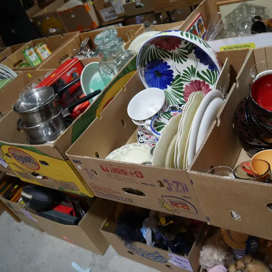 Five boxes of kitchenware etc