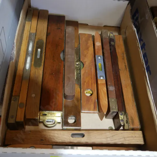 Box of wooden levels etc
