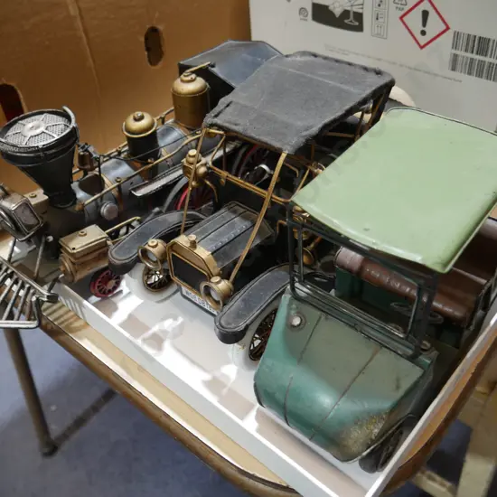 Vintage car golf cart and train models