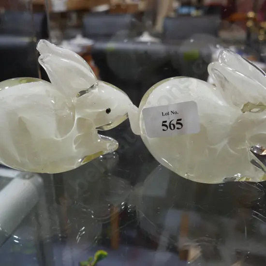 2 glass rabbit paperweights