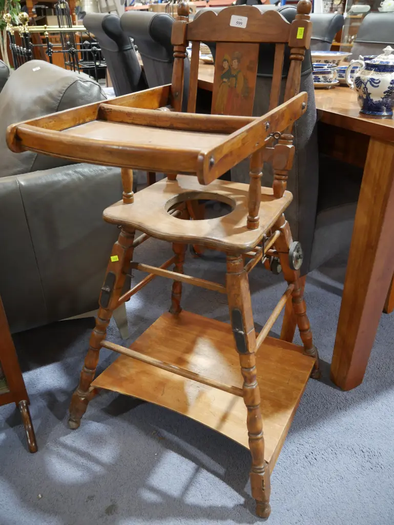 Vintage wooden metamorphic high chair with painted back Image 1++