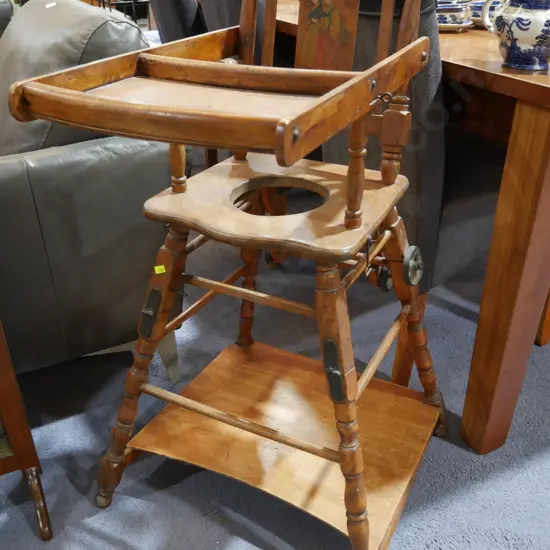 Vintage wooden metamorphic high chair with painted back