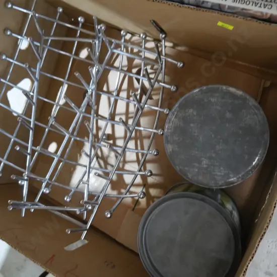 Honey tins, wire baskets