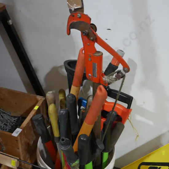 Assorted garden tools in bucket