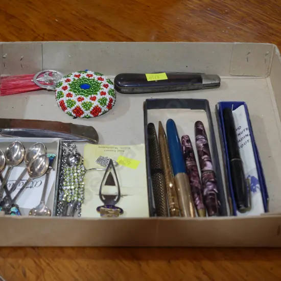 Fountain pens, silver spoons etc
