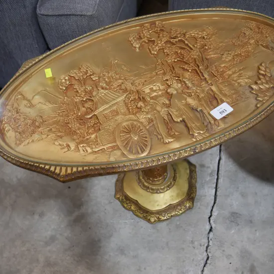 Oriental carved, glass top coffee table