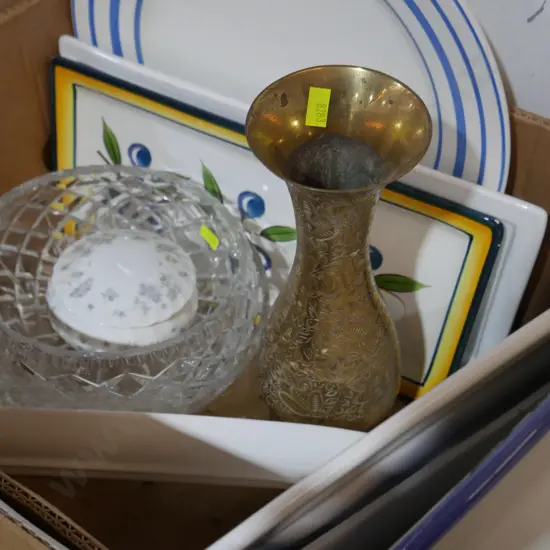 Brass vase, crystal bowls, plates