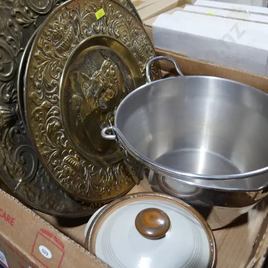 Stainless pan, brassware etc