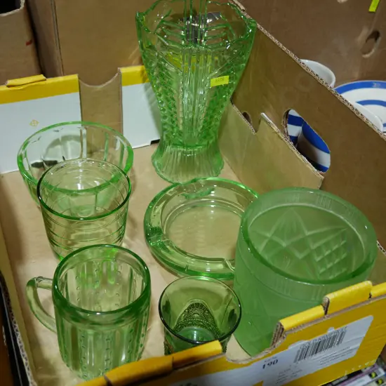 Green glass vase, cup ect