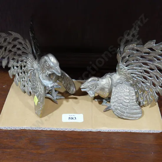 2 brass fighting cocks