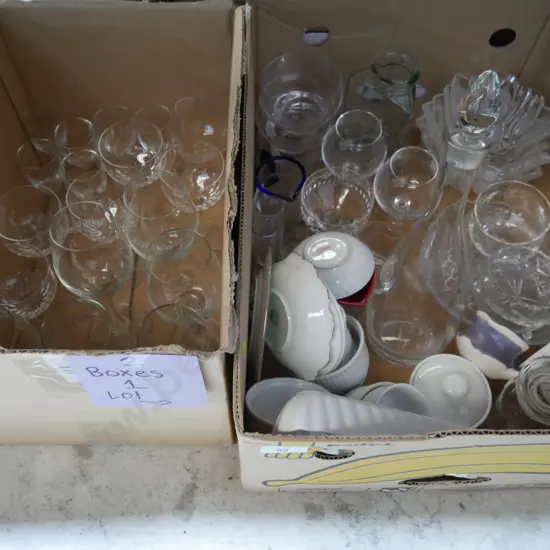 Two boxes of glassware etc
