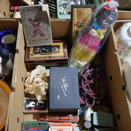 Hawaiian doll, vintage iron, tins etc