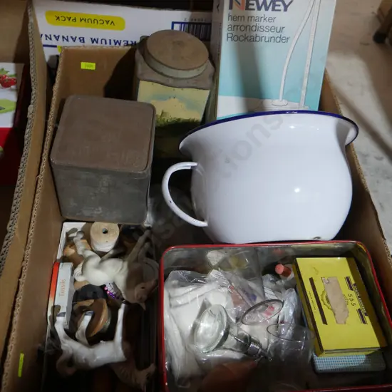 Enamel chamber pot, old tins etc