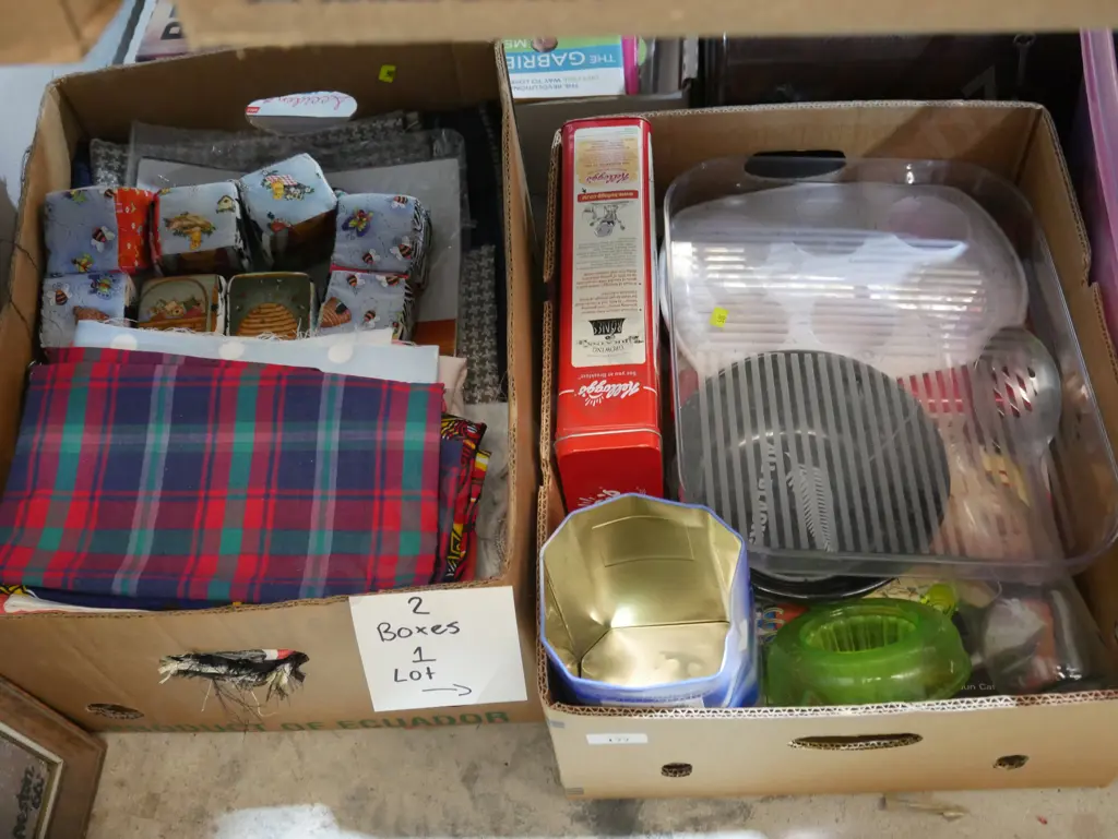 Two boxes of fabric and tins etc Image 1++
