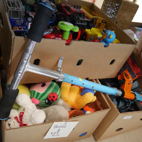 Three boxes of children's toys, scooter etc