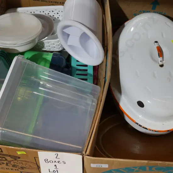 Two boxes of storage containers etc