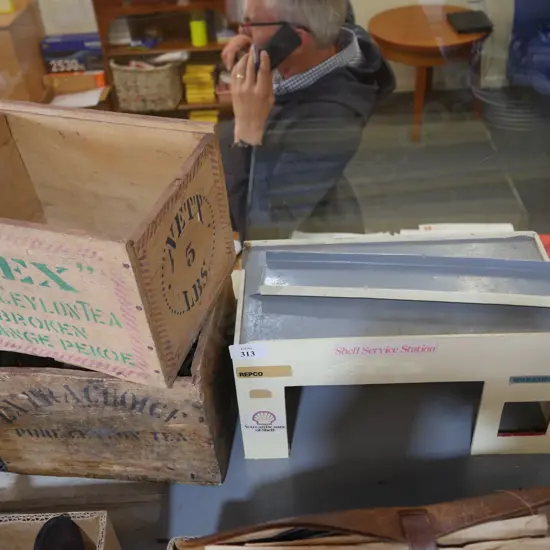 2 wooden boxes, Shell service station