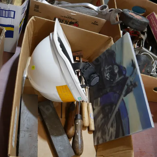 Sharpening stones, hard hat etc