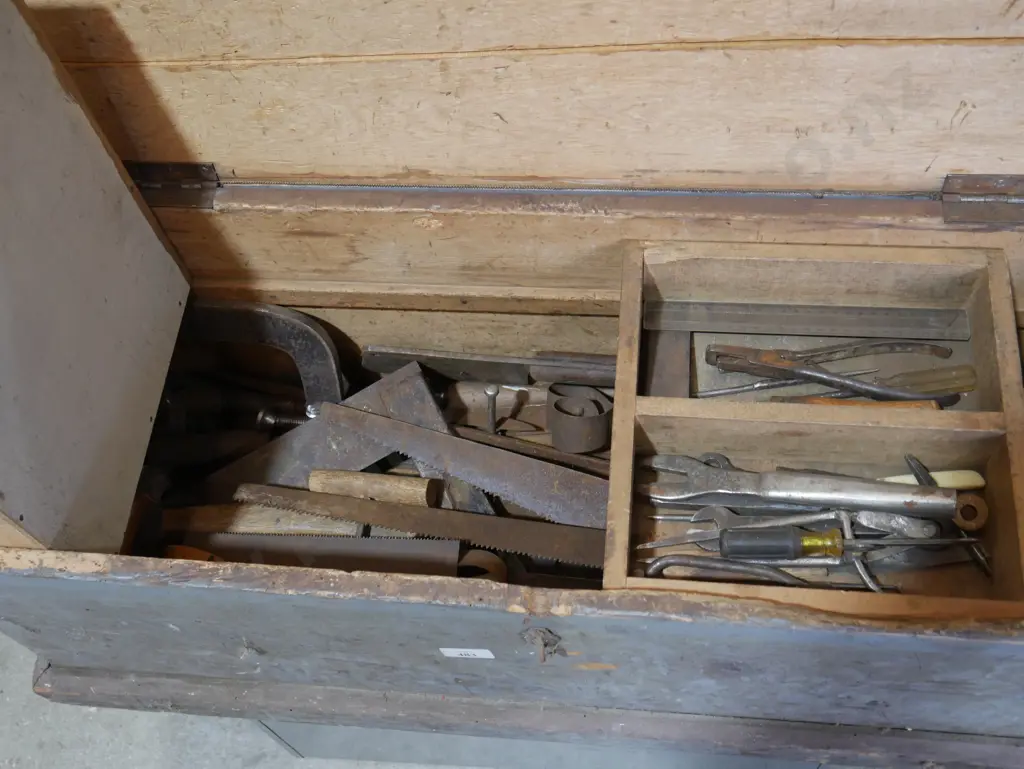 Wooden toolbox and contents Image 1++