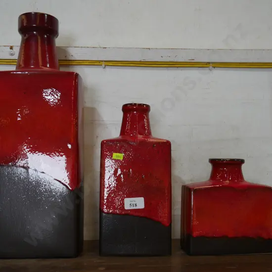 Matching three-piece Schuerich West Germany pottery vases