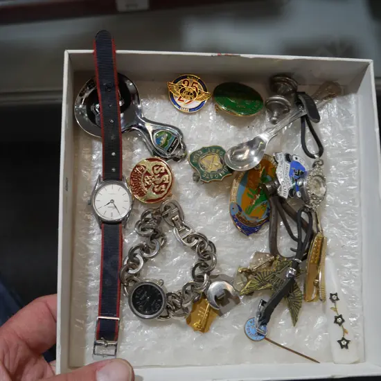 Wrist watches, badges etc