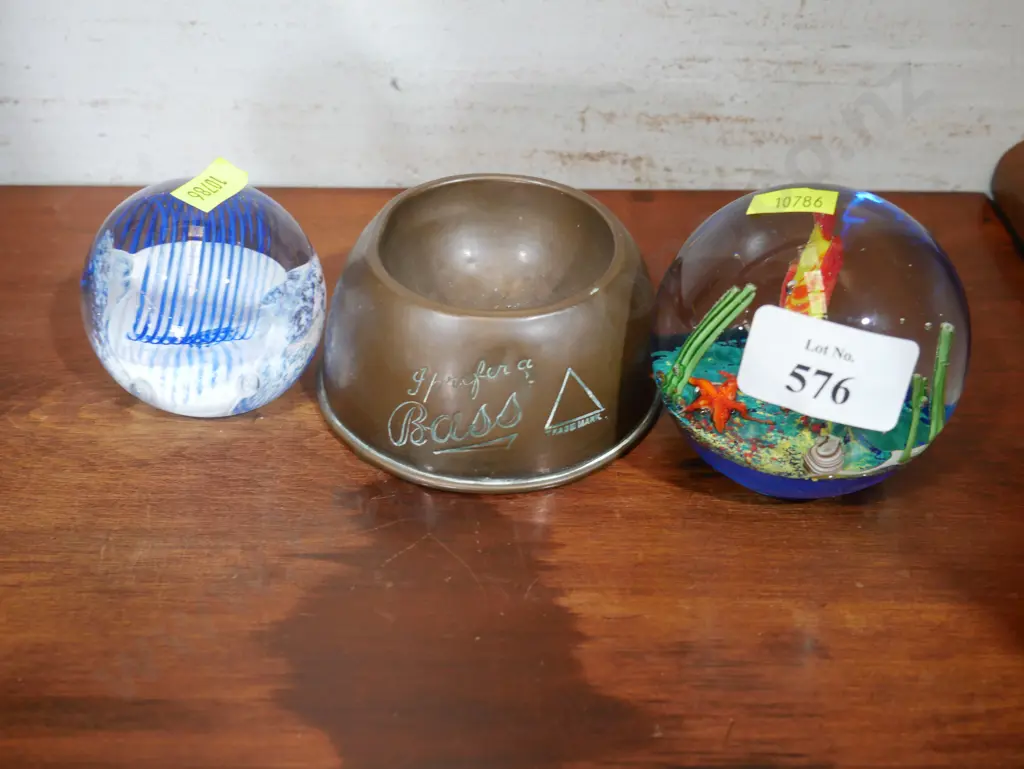 2 glass paper weights, brass ashtray Image 1++