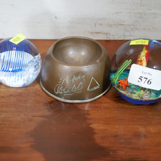 2 glass paper weights, brass ashtray