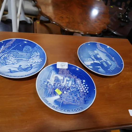 3 blue and white Copenhagen plates