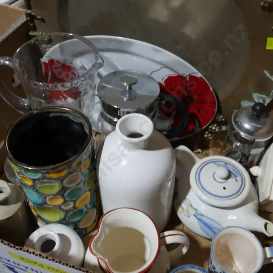 Pottery, glassware, brass tray etc